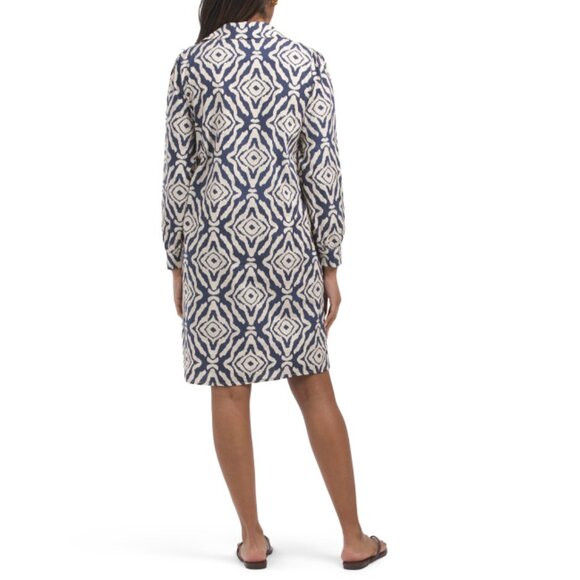 BLUE NAVY Navy/Cream Made In Italy Foliage Cotton Shirt Mini Dress - Picture 2 of 2